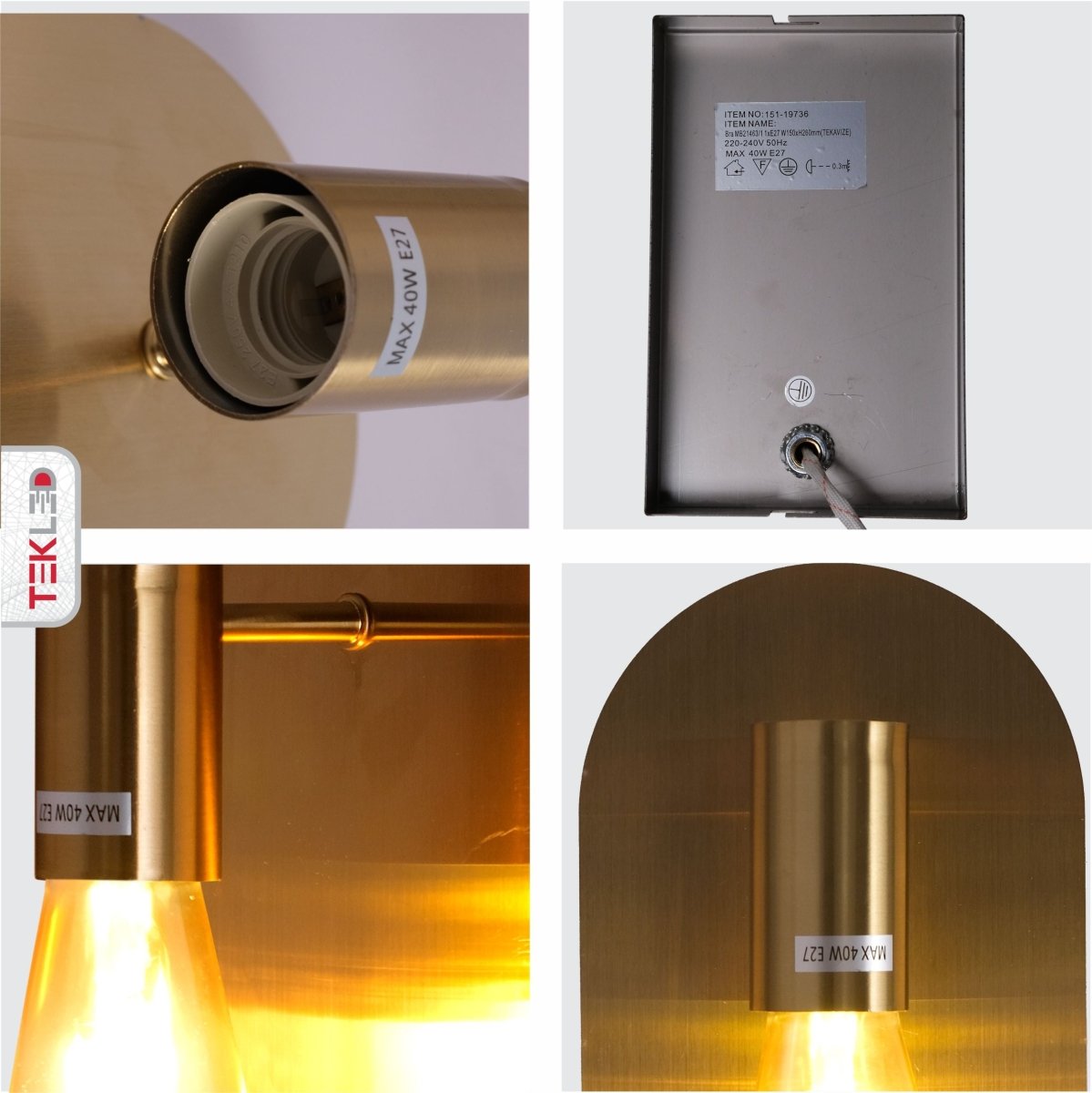 Detailed shots of Gold Metal Wall Light with E27 Fitting | TEKLED 151-19736
