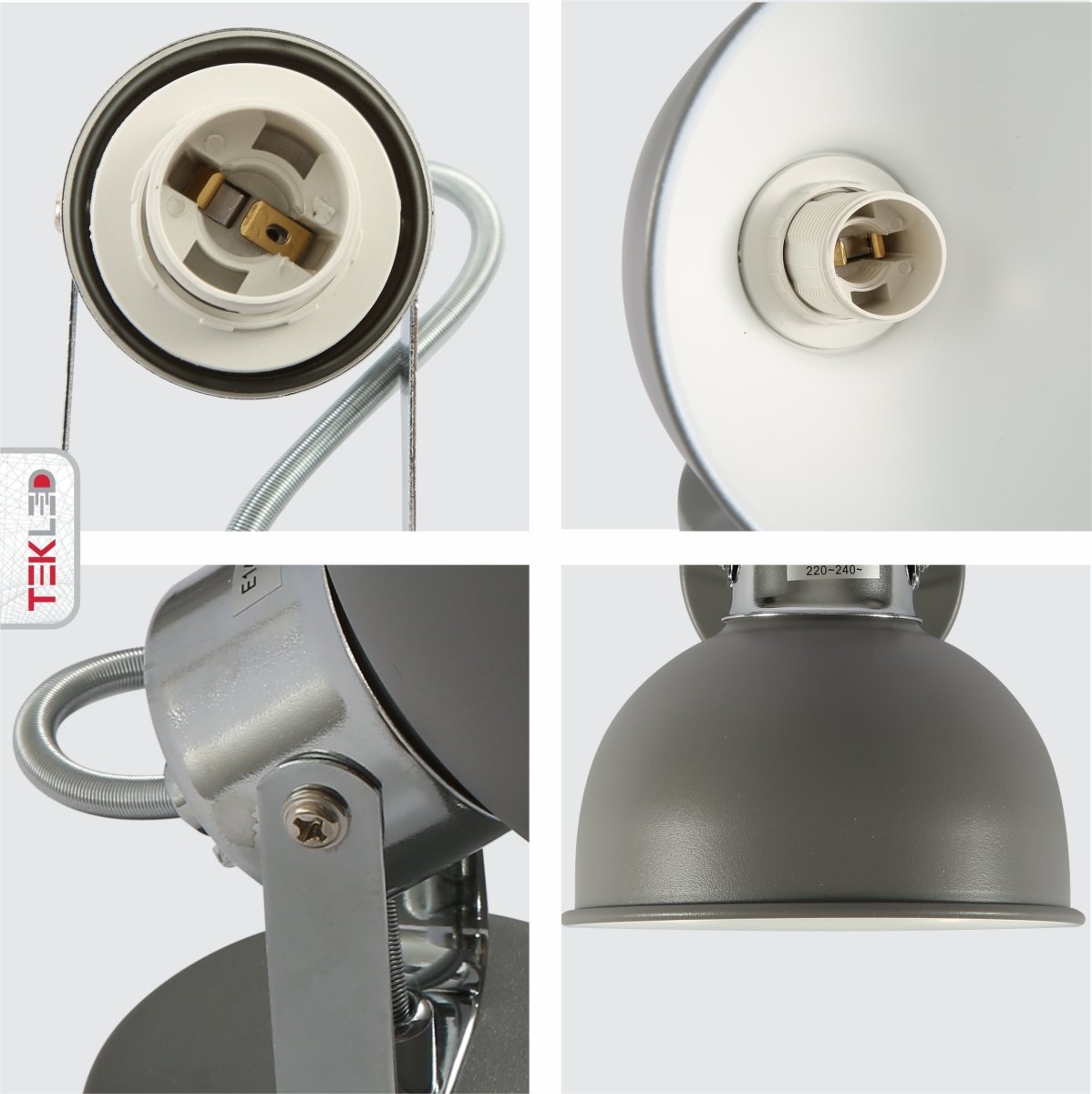 Detailed shots of Grey Dome Adjustable Wall and Ceiling Light with Switch on the Rose E14 | TEKLED 151-19800