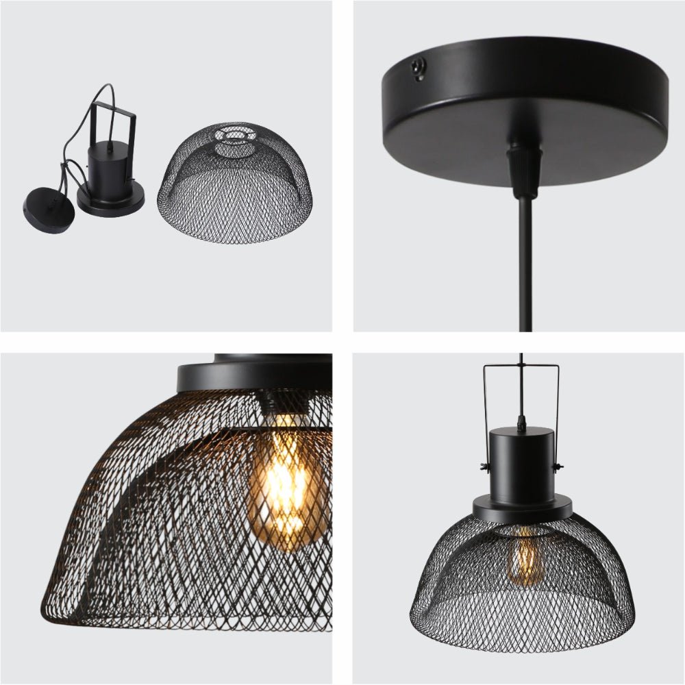 Detailed shots of Industrial Double Mesh Caged Handled Dome Black Metal Pendant Ceiling Light E27 | TEKLED 150-18120