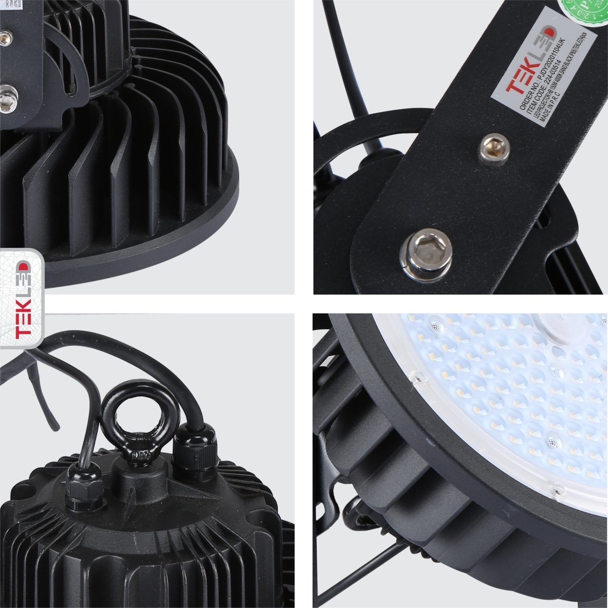 Detailed shots of LED UFO Cold Forged Heatsink Highbay Light 150W Cool White 4000K Sand Black IP65 | TEKLED 224-03514