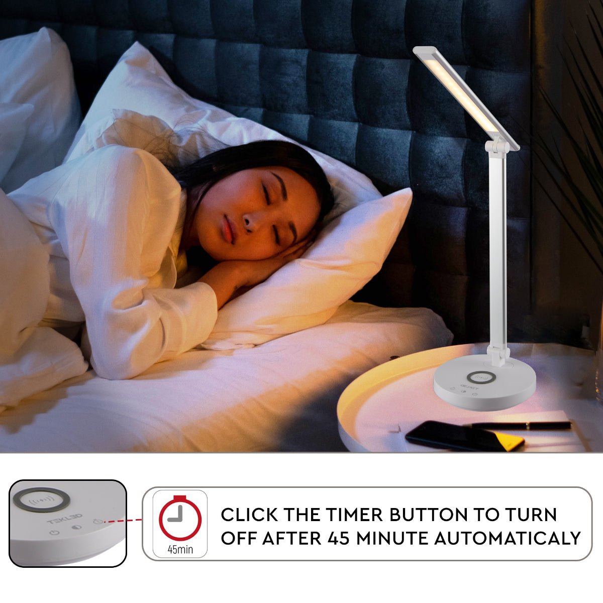Detailed shots of Lingo Silver Desk Light Dimmable and Colour Modes with Wireless Phone Charger | TEKLED 130-03624