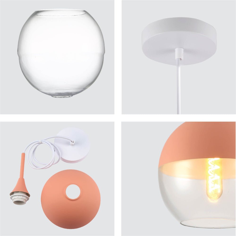 Detailed shots of Macaron Salmon Pink Dome Glass Pendant Ceiling Light with E27 Fitting | TEKLED 158-19726