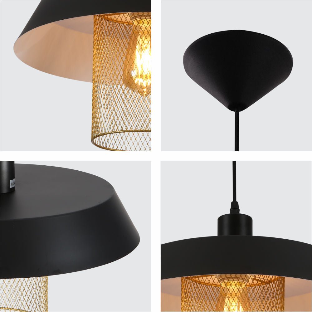 Detailed shots of Matte Gold Caged Shade with Black Flat Top Pendat Ceiling Light D300 with E27 Fitting | TEKLED 150-18300