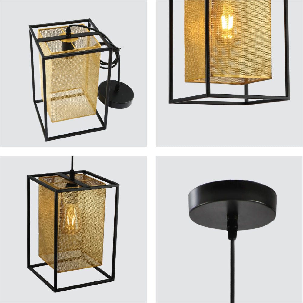 Detailed shots of Matte Gold Metal Shade Black Cage Pendant Ceiling Light with E27 Fitting | TEKLED 150-18314