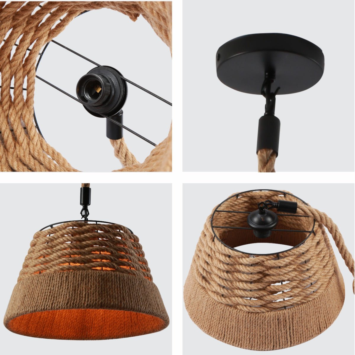 Detailed shots of Farmhouse Rustic Metal Body Hemp Rope Shade Pendant Ceiling Light with E27 | TEKLED 150-18094