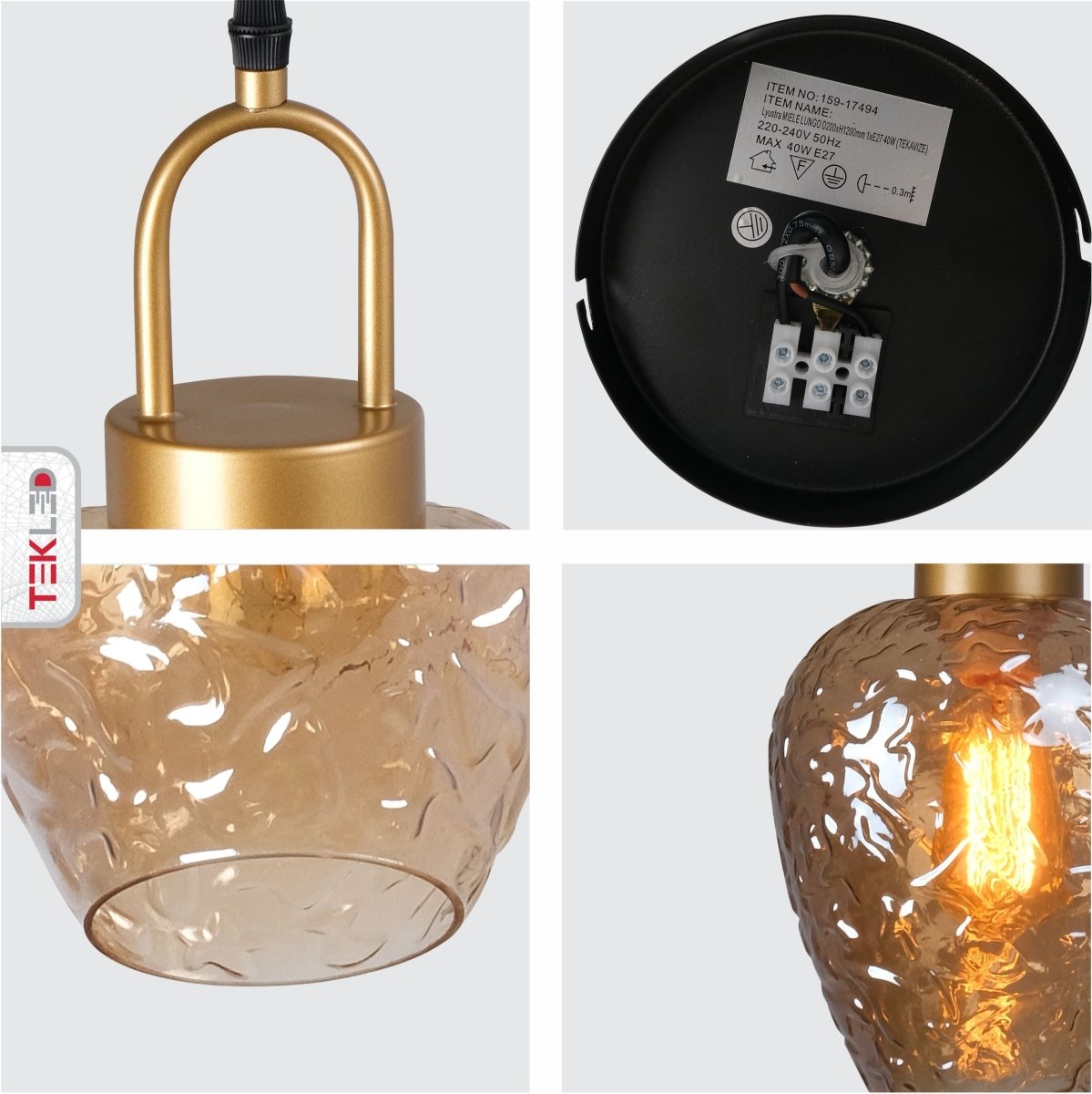Detailed shots of Miele Lungo Amber Glass Pendant Light with E27 Fitting | TEKLED 159-17494