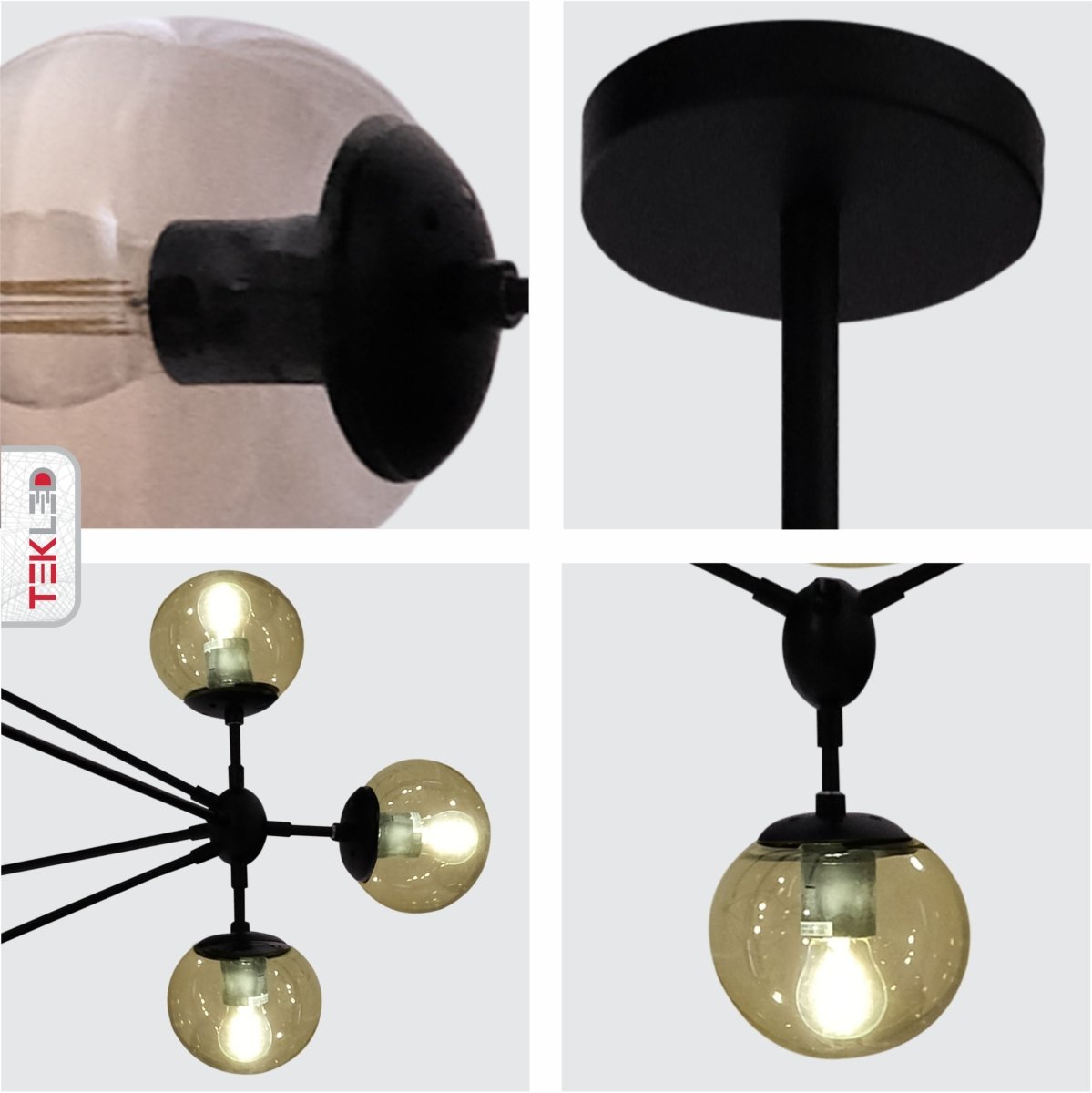Detailed shots of Molecule Shape Black Rod Metal Amber Glass Globe Chandelier with 13xE27 Fitting | TEKLED 156-19502