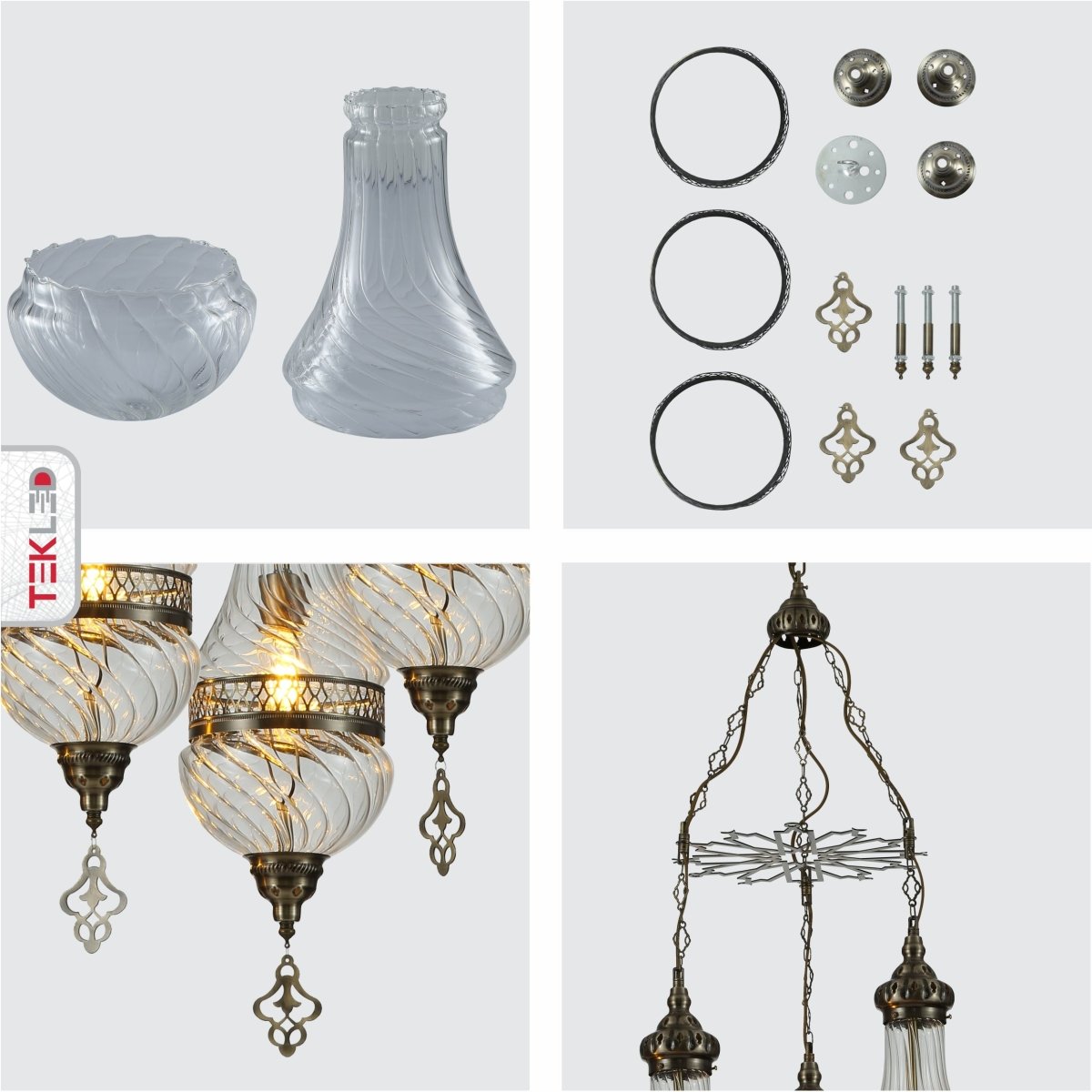 Detailed shots of Moroccan Style Antique Brass and Clear Glass Ceiling Oriental Chandelier with 3xE27 | TEKLED 158-19555