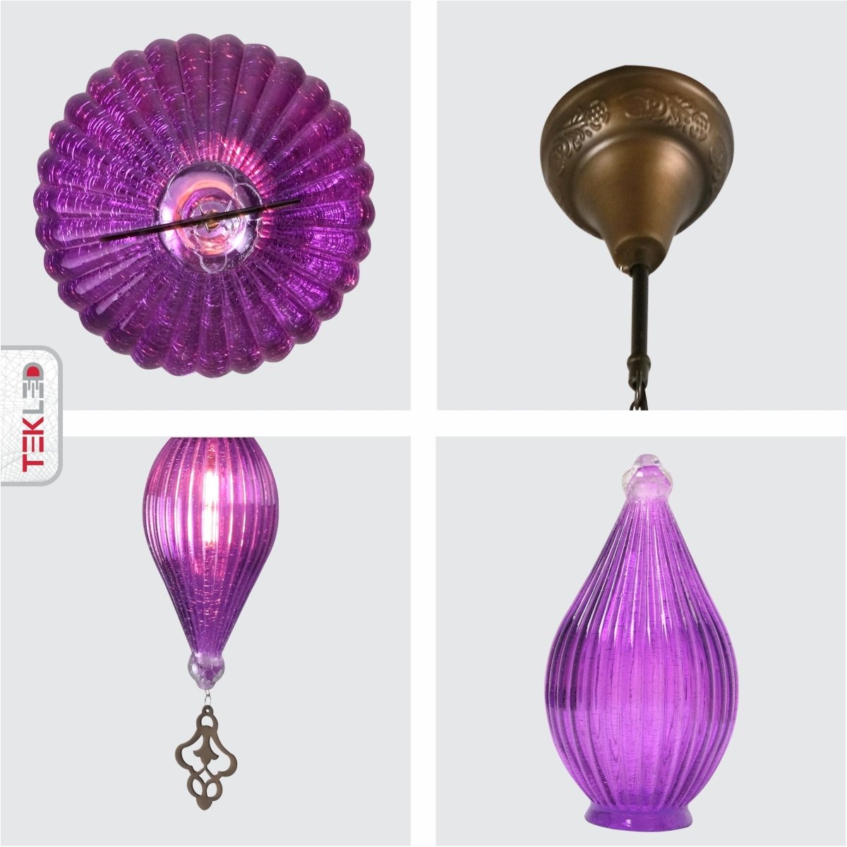 Detailed shots of Moroccan Style Antique Brass and Purple Glass Oriental Ceiling Pendant Light E27 | TEKLED 158-195583
