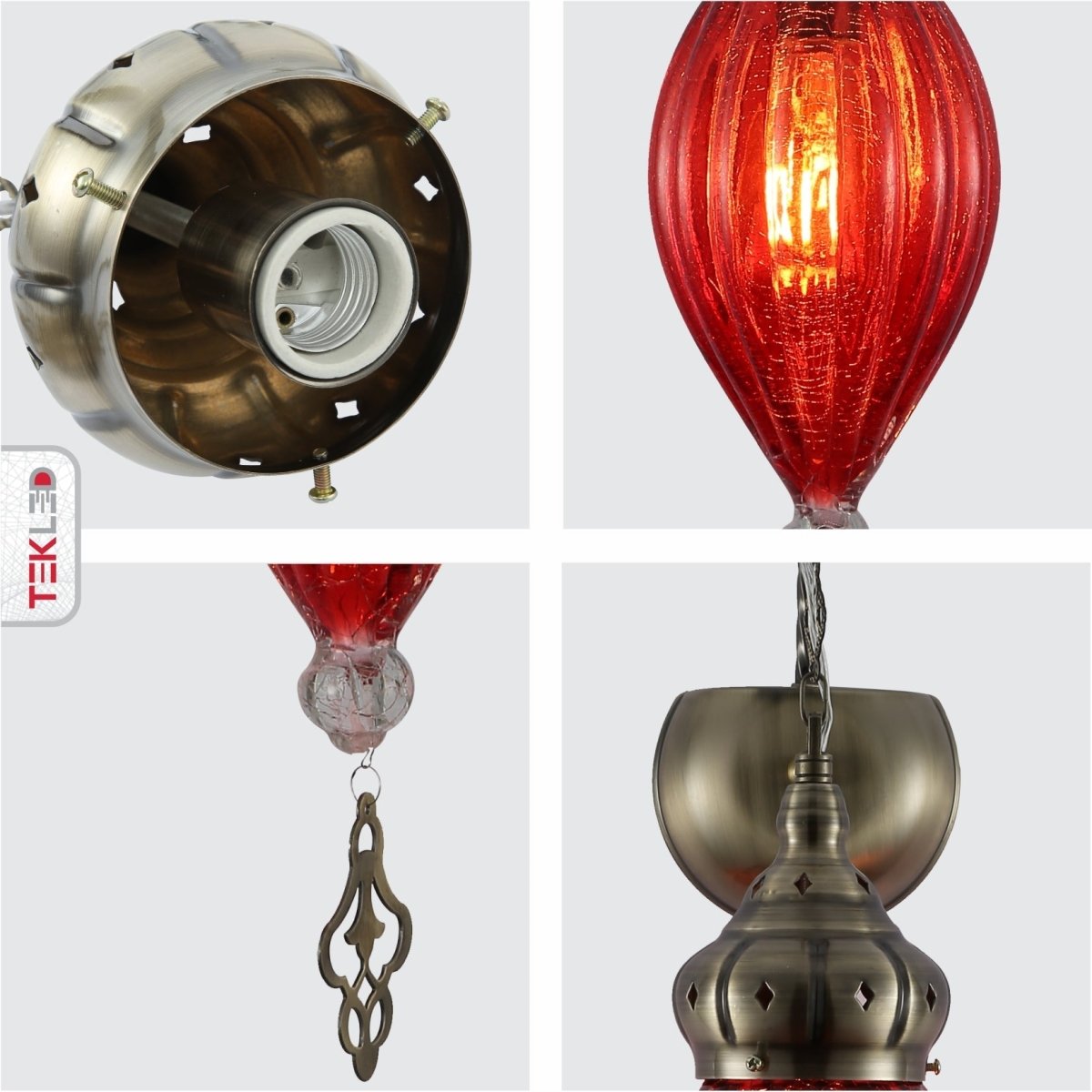 Detailed shots of Moroccan Style Antique Brass and Red Glass Oriental Wall Light E27 | TEKLED 151-19458