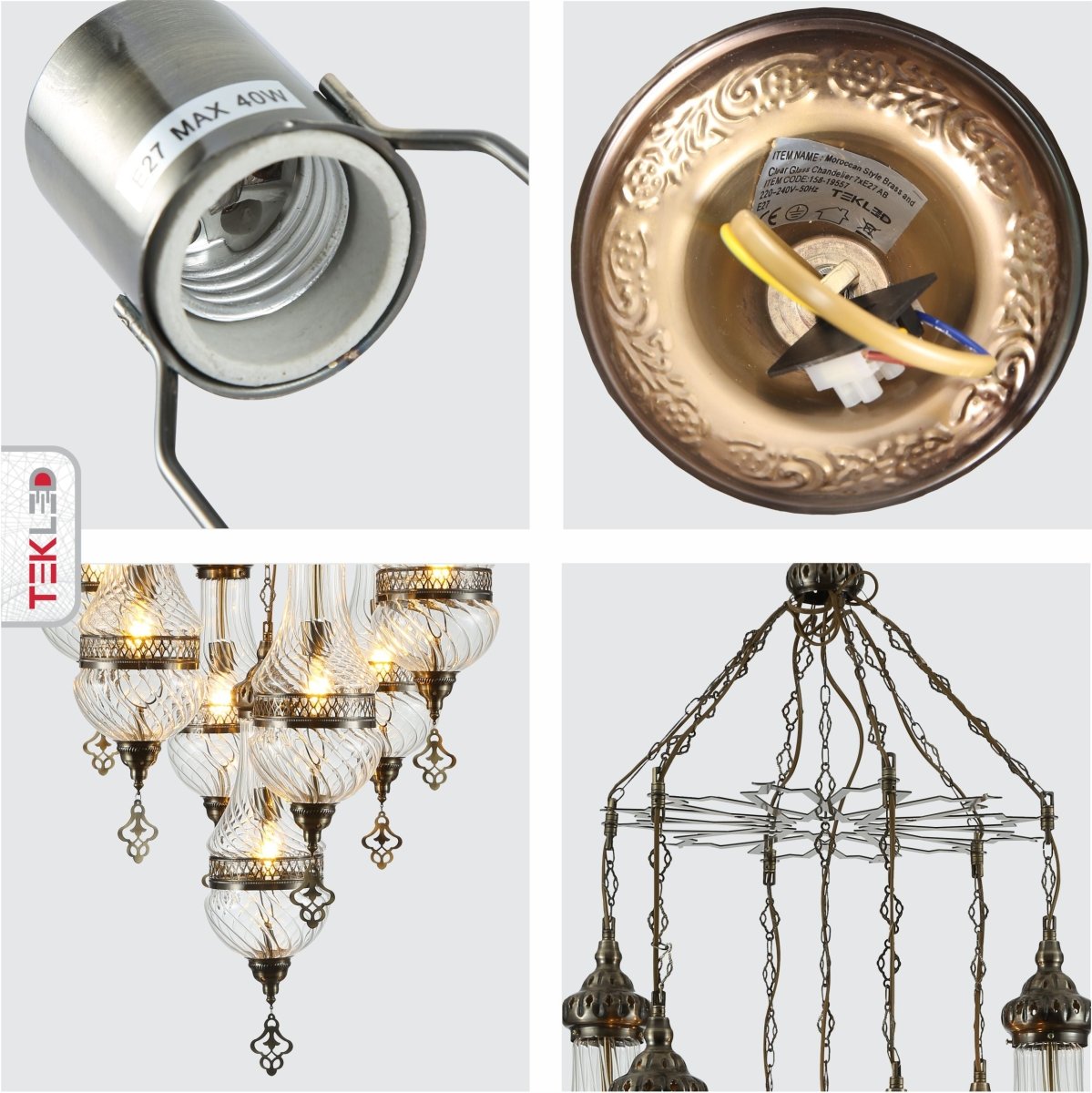 Detailed shots of Moroccan Style Antique Brass and Clear Glass Chandelier with 7xE27 | TEKLED 158-19557