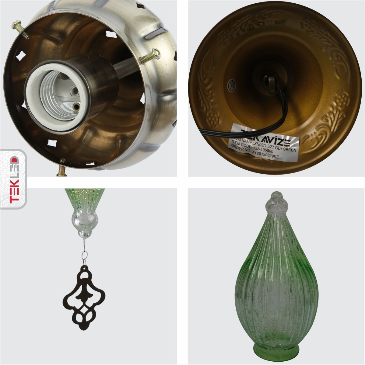 Detailed shots of Moroccan Style Antique Brass and Green Glass Pendant Light E27 | TEKLED 158-195580