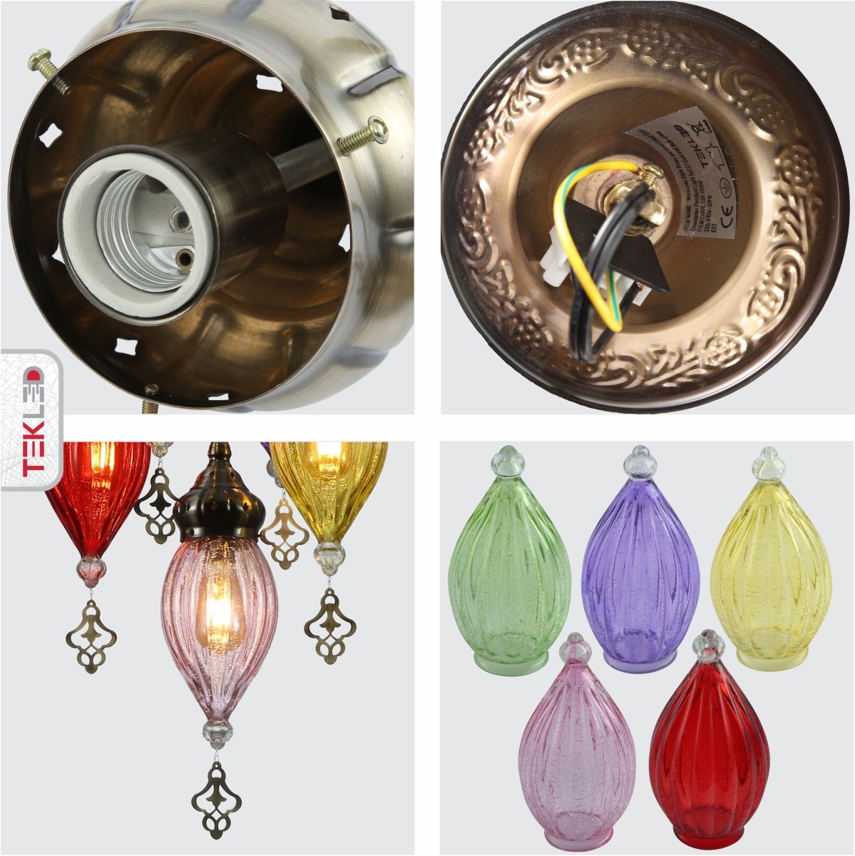 Detailed shots of Moroccan Style Antique Brass and Multi Colour Glass Chandelier Pendant Light 5xE27 | TEKLED 158-19560
