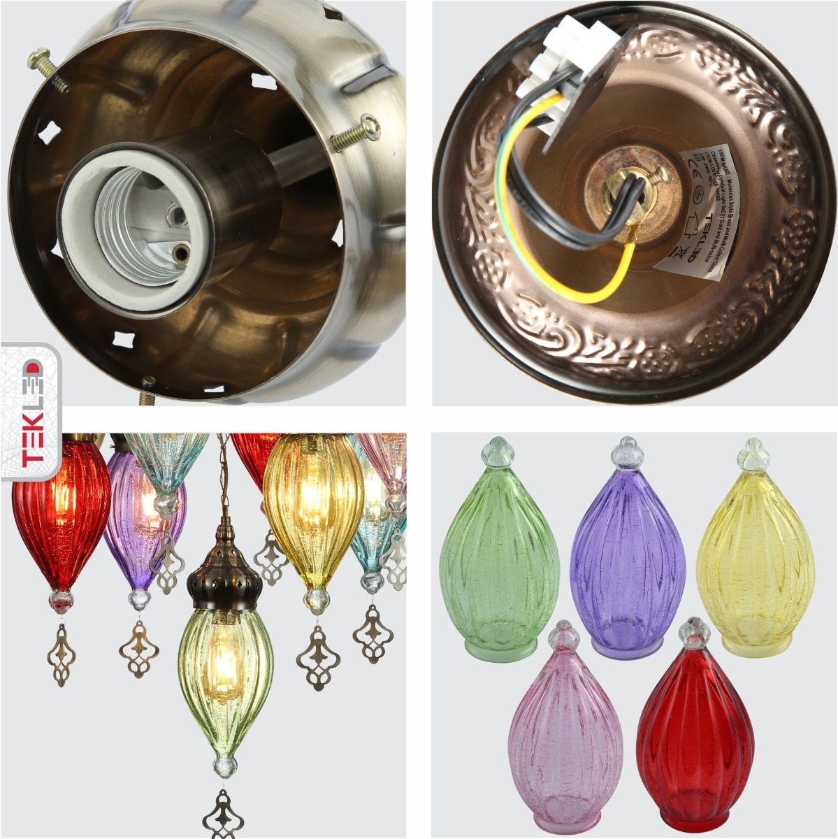 Detailed shots of Moroccan Style Antique Brass and Multi Colour Glass Chandelier Pendant Light 9xE27 | TEKLED 158-19562