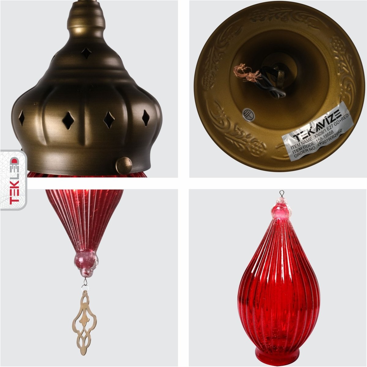 Detailed shots of Moroccan Style Antique Brass and Red Glass Pendant Light E27 | TEKLED 158-19558