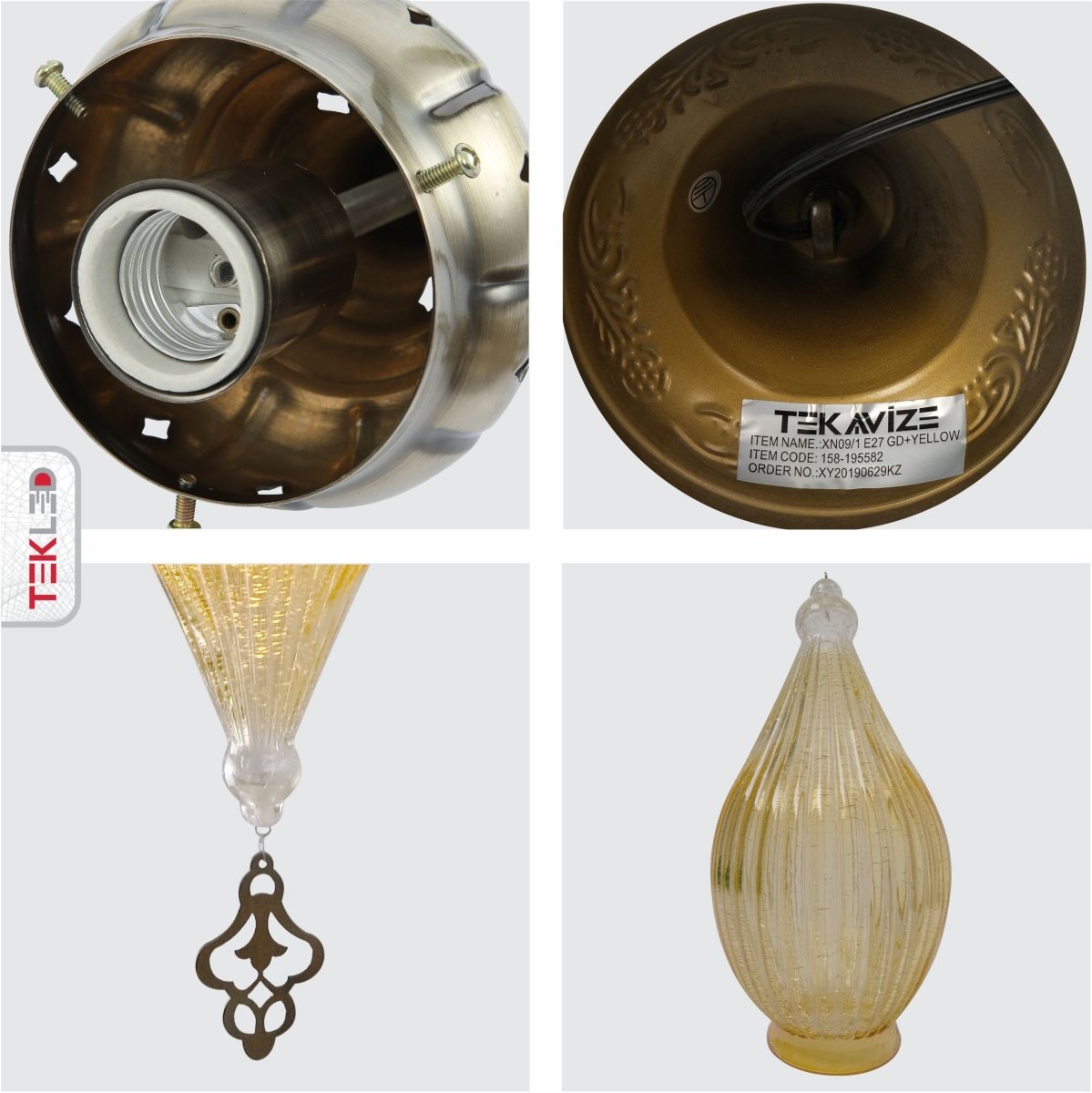 Detailed shots of Moroccan Style Antique Brass and Yellow Glass Pendant Light E27 | TEKLED 158-195582