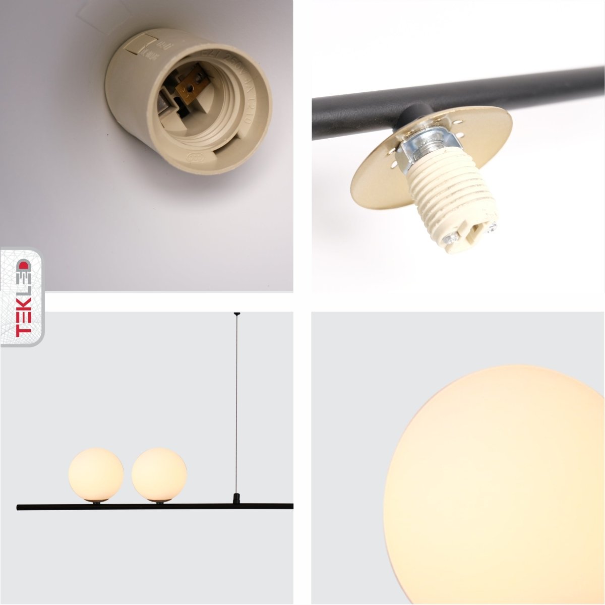 Detailed shots of Nordic White Globe Glass and Black Funnel Pendant Chandelier Light with 2xG9 and E27 Fitting | TEKLED 159-17564