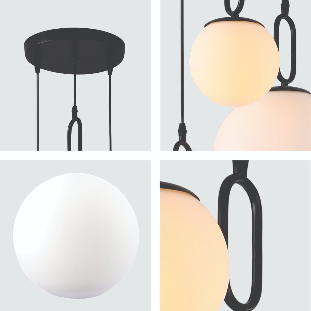 Detailed shots of Opal Glass Globes Black Handle 3 Pendant Ceiling Light with E27 Fittings | TEKLED 156-19540