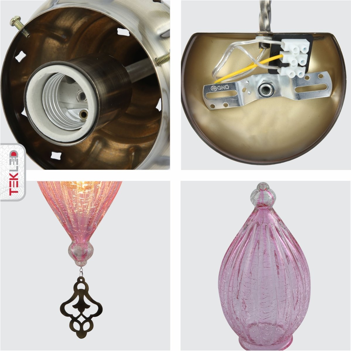 Detailed shots of Pink Glass Antique Bronze Metal Body Moroccan Style Wall Light with E27 Fitting | TEKLED 151-194584
