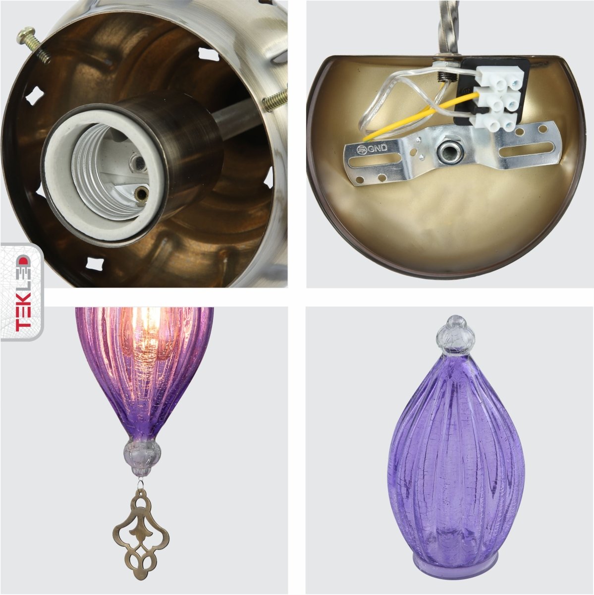 Detailed shots of Purple Glass Antique Bronze Metal Body Moroccan Style Wall Light with E27 Fitting | TEKLED 151-194583
