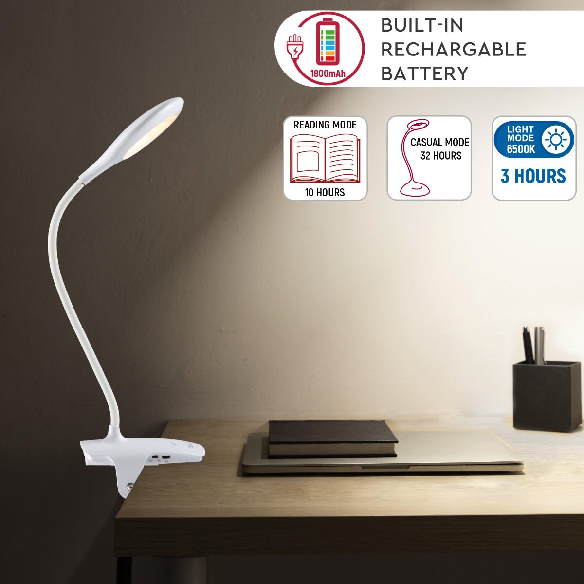 Ringo Rechargeable Clip on Reading Desk Light Dimmable and Colour