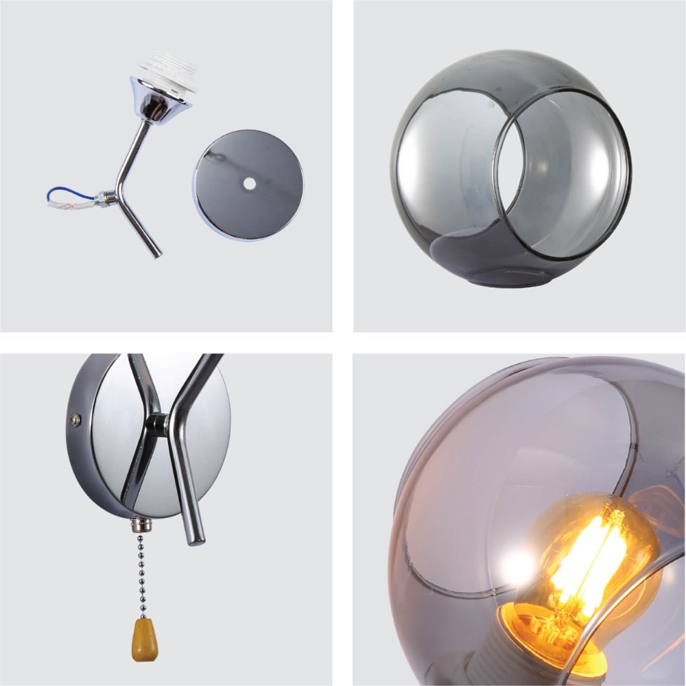 Detailed shots of Smoky Barrel Glass Chrome Metal Body Sputnik Modern Wall Light with Pull Down Switch E27 Fitting | TEKLED 151-19794