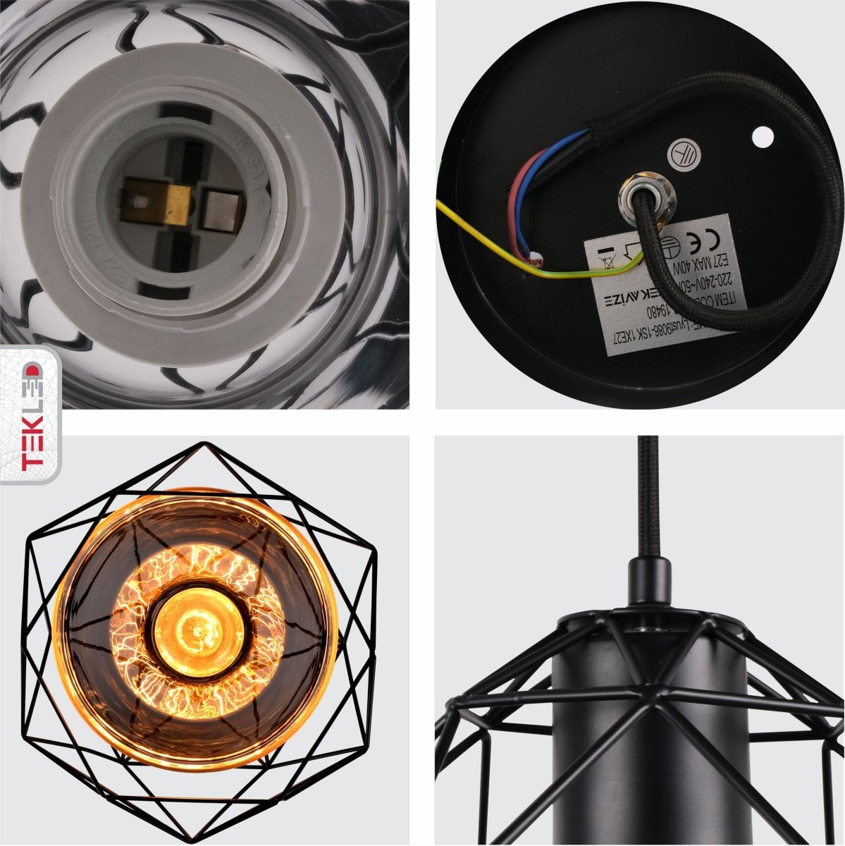 Detailed shots of Smoky Glass Dome Black Metal Cage Pendant Light with E27 Fitting | TEKLED 156-19480