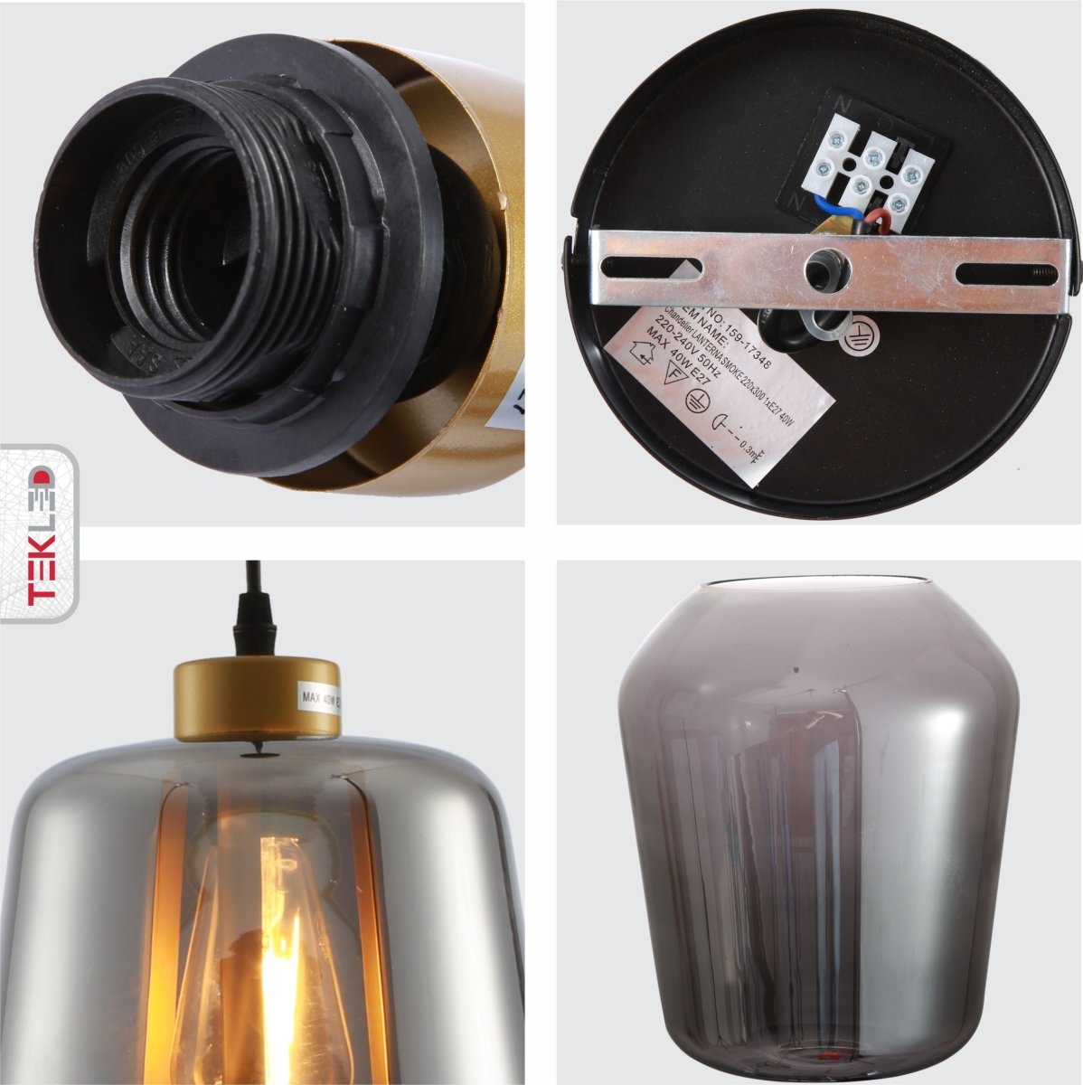 Detailed shots of Smoky Glass Schoolhouse Pendant Light with E27 Fitting | TEKLED 159-17348