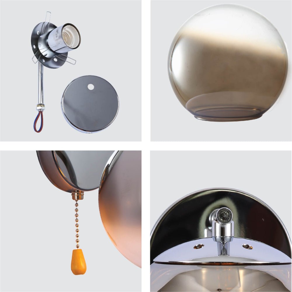 Detailed shots of Smoky Globe Glass Chrome Metal Body Sputnik Molecule Modern Wall Light with Pull Down Switch E27 Fitting | TEKLED 151-19792