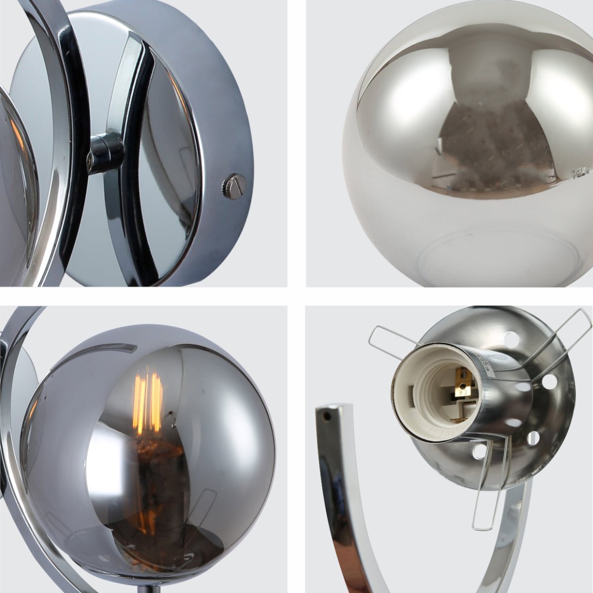 Detailed shots of Smoky Globe Glass Crescent Chrome Metal Modern Wall Light with E27 Fitting | TEKLED 151-19808