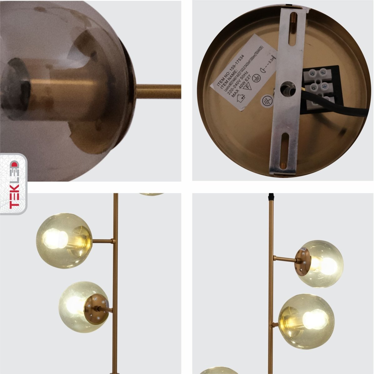 Detailed shots of Smoky Globe Glass Gold Metal Body Upward Pendant Light with 4xE27 Fitting | TEKLED 159-17534