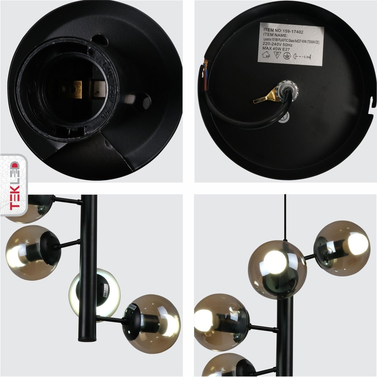 Smoky Modern or Black | Light Chandelier Glass Amber Globe TEKLED Pendant Ceiling Spiral Sputnik Metal E27 Body