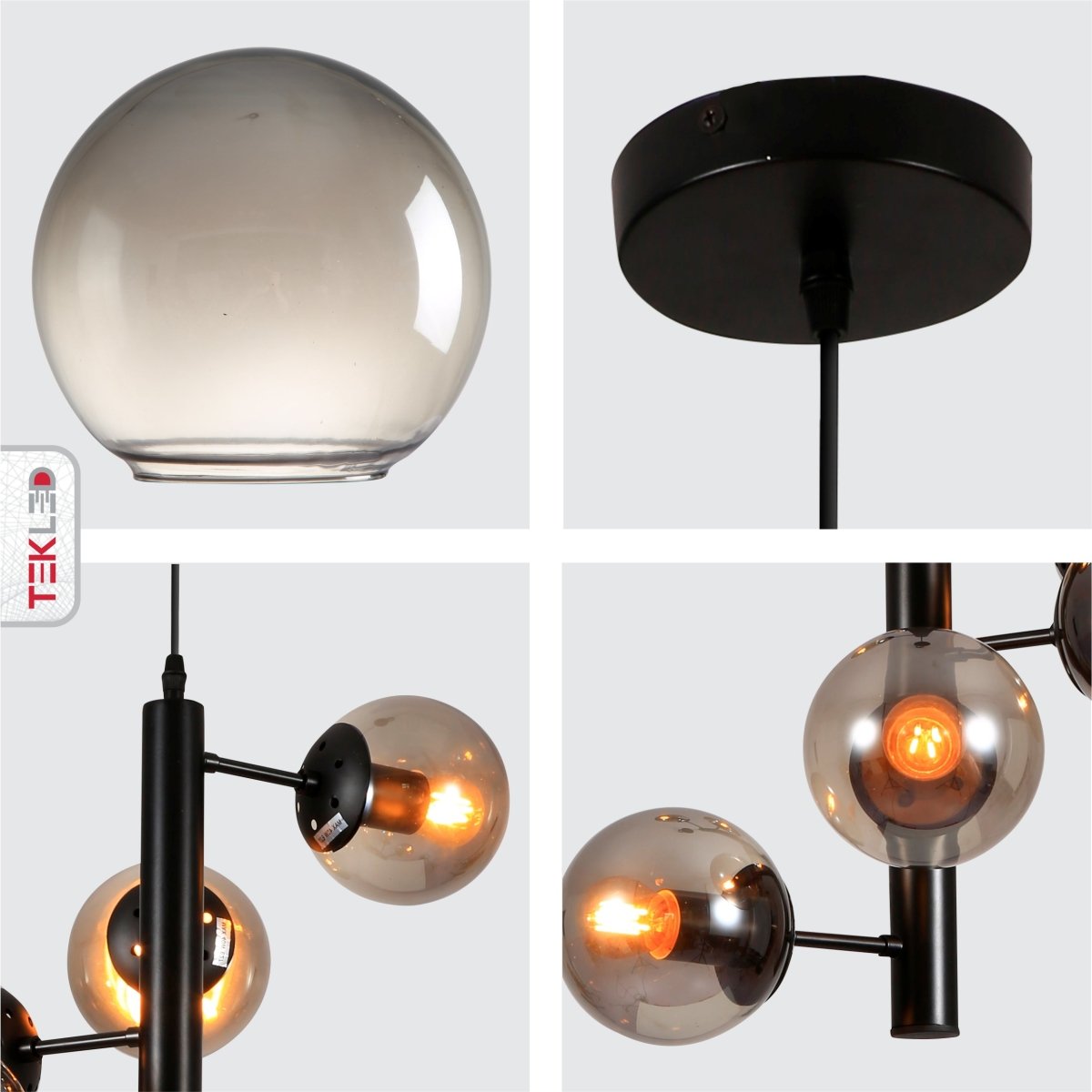 Detailed shots of Spiral Smoky Globe Glass Black Metal Body Modern Sputnik Pendant Chandelier Light with 6xE27 Fittings | TEKLED 159-17404
