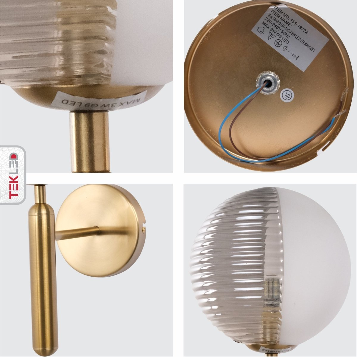 Detailed shots of Striped Glass Gold Metal Wall Light with G9 Fitting | TEKLED 151-19722