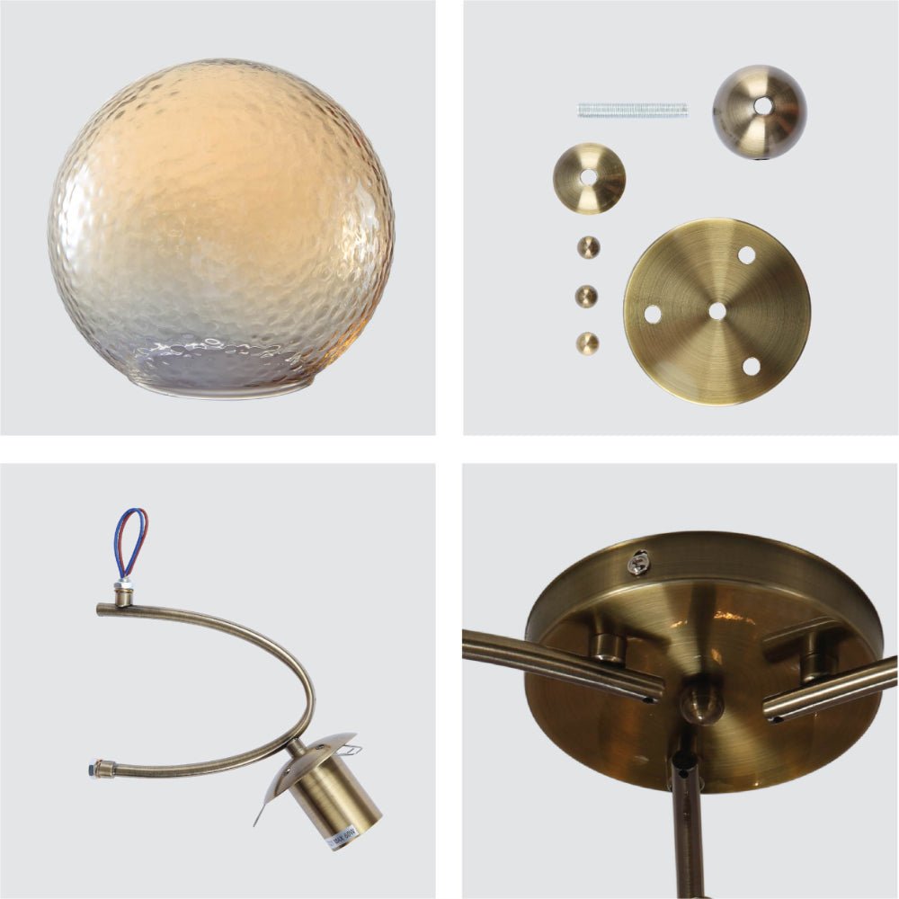 Detailed shots of Textured Amber Globe Antique Brass Semi Circle Arm Semi Flush Ceiling Light | TEKLED 159-17756