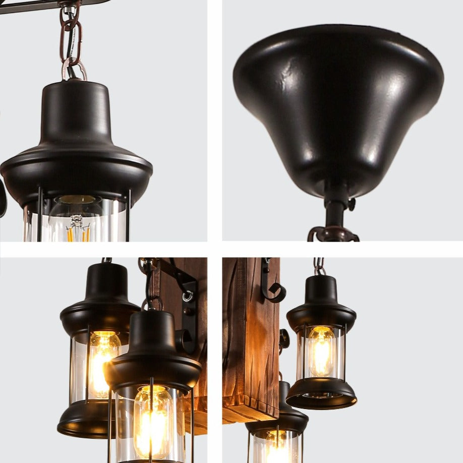 Detailed shots of Timber Iron and Wood Glass Cylinder Chandelier Light 4xE27 | TEKLED 159-17844
