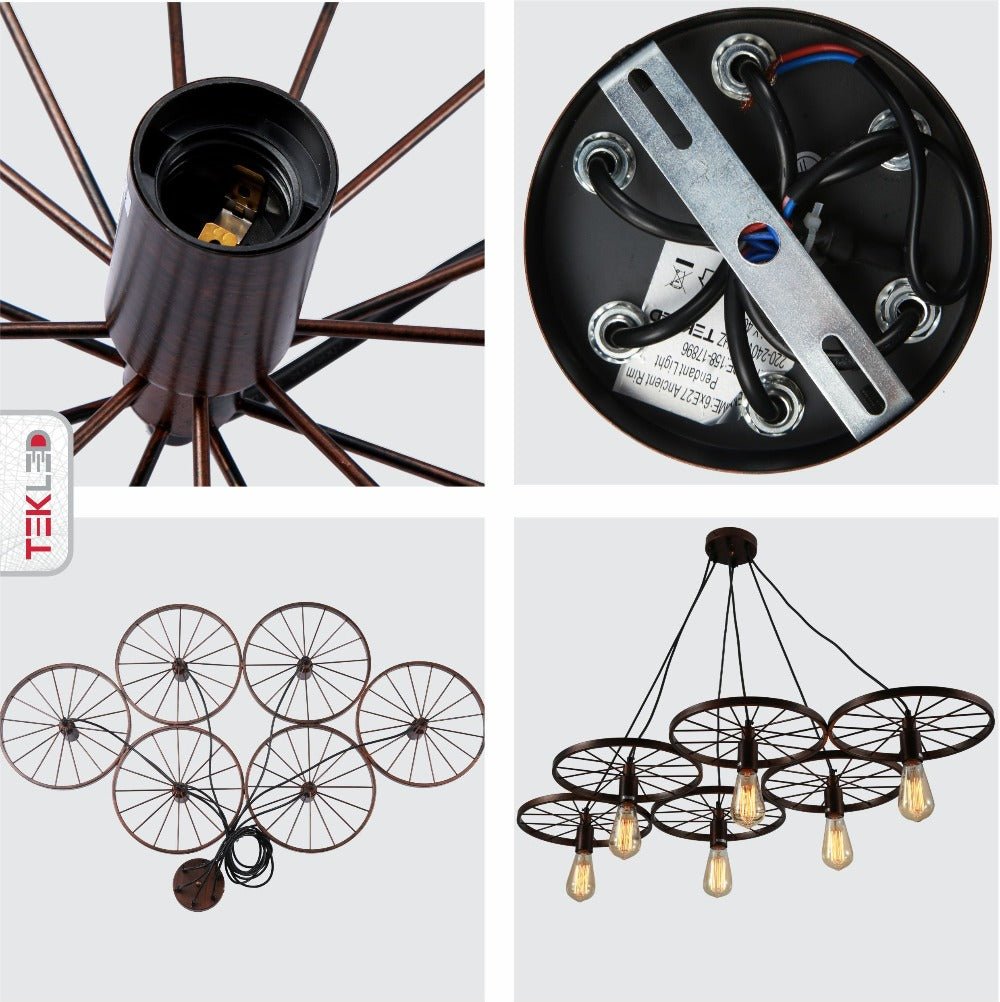 Detailed shots of Vintage Industrial Wagon Wheel Pendant Light with 6xE27 Fitting | TEKLED 158-17896