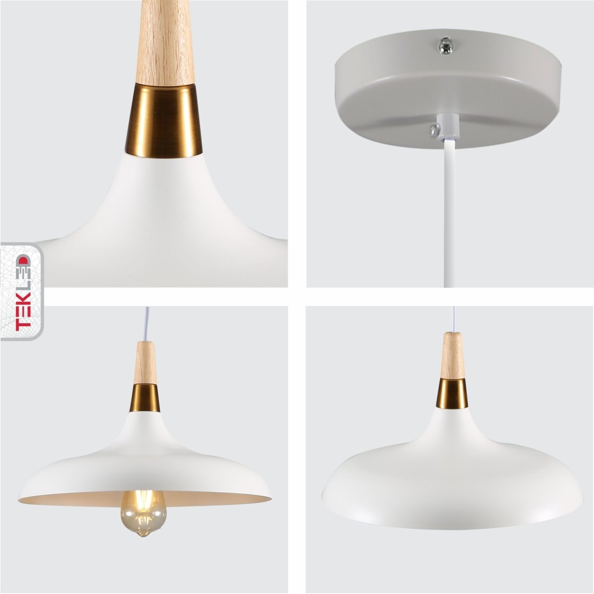 Detailed shots of White Flat Dome Wood Gold Top Metal Ceiling Pendant Light with E27 Fitting | TEKLED 150-18378