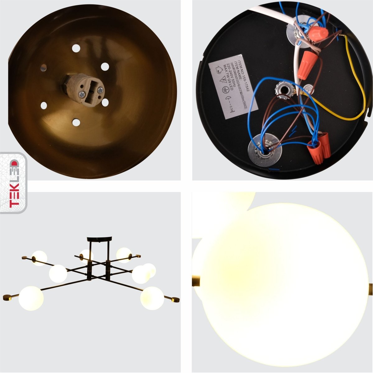 Detailed shots of White Globe Glass Black Rod Body Semi Flush Ceiling Light 2-2 with 8xG9 Fitting | TEKLED 159-17542