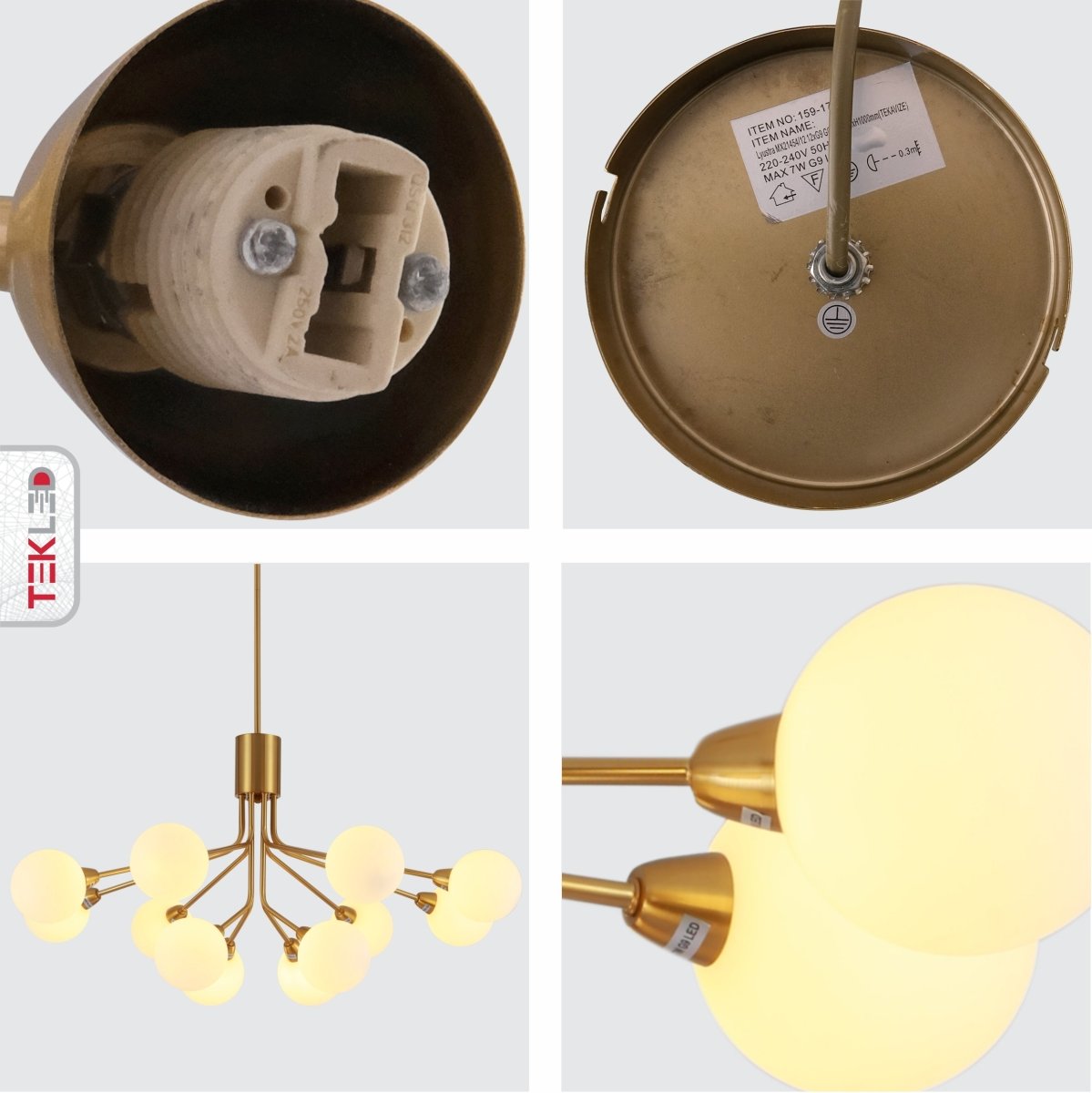 Detailed shots of White Globe Glass Gold Arm Body Pendant Chandelier Light with 12xG9 Fitting | TEKLED 159-17554