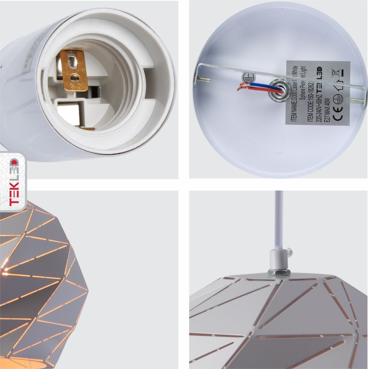 Detailed shots of White Metal Laser Cut Globe Pendant Light Large with E27 Fitting | TEKLED 150-18262