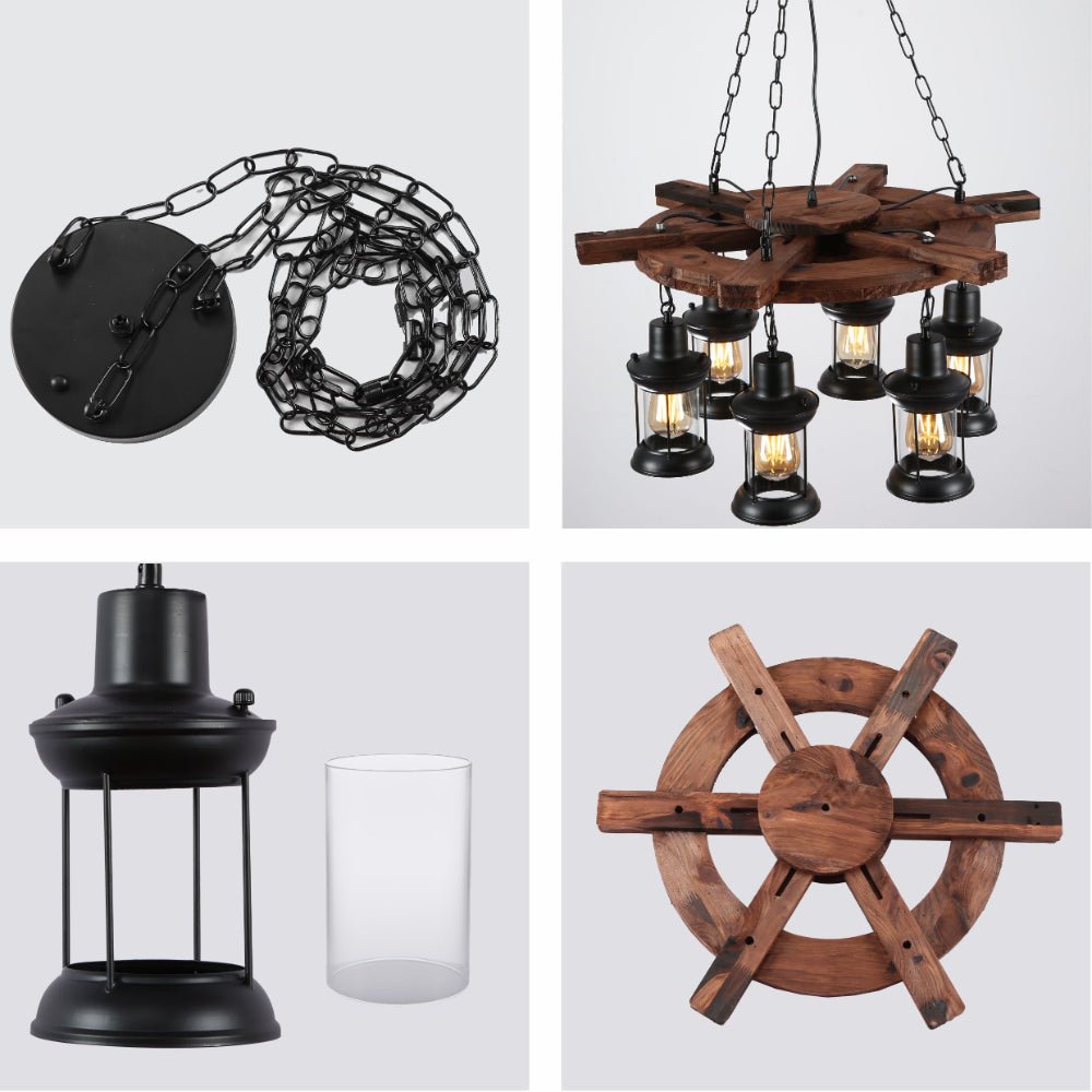 Detailed shots of Wood Nautical Marine Lamp Wheel Rustic Chandelier Ceiling Light with 6xE27 Fittings | TEKLED 158-17669