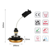 Size and certifications of Die-Cast Aluminium Fixed GU10 Downlight with Color-Accented Bezel 143-04037
