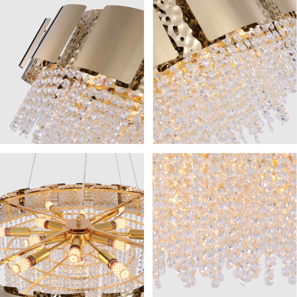 Details of Dimpled Octagonal Crystal Beads Waterfall Chandelier Ceiling Light Gold | TEKLED 159-17908