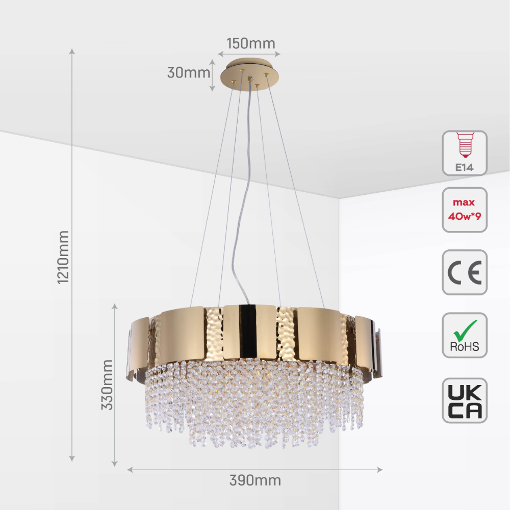 Size and tech specs of Dimpled Octagonal Crystal Beads Waterfall Chandelier Ceiling Light Gold | TEKLED 159-17906