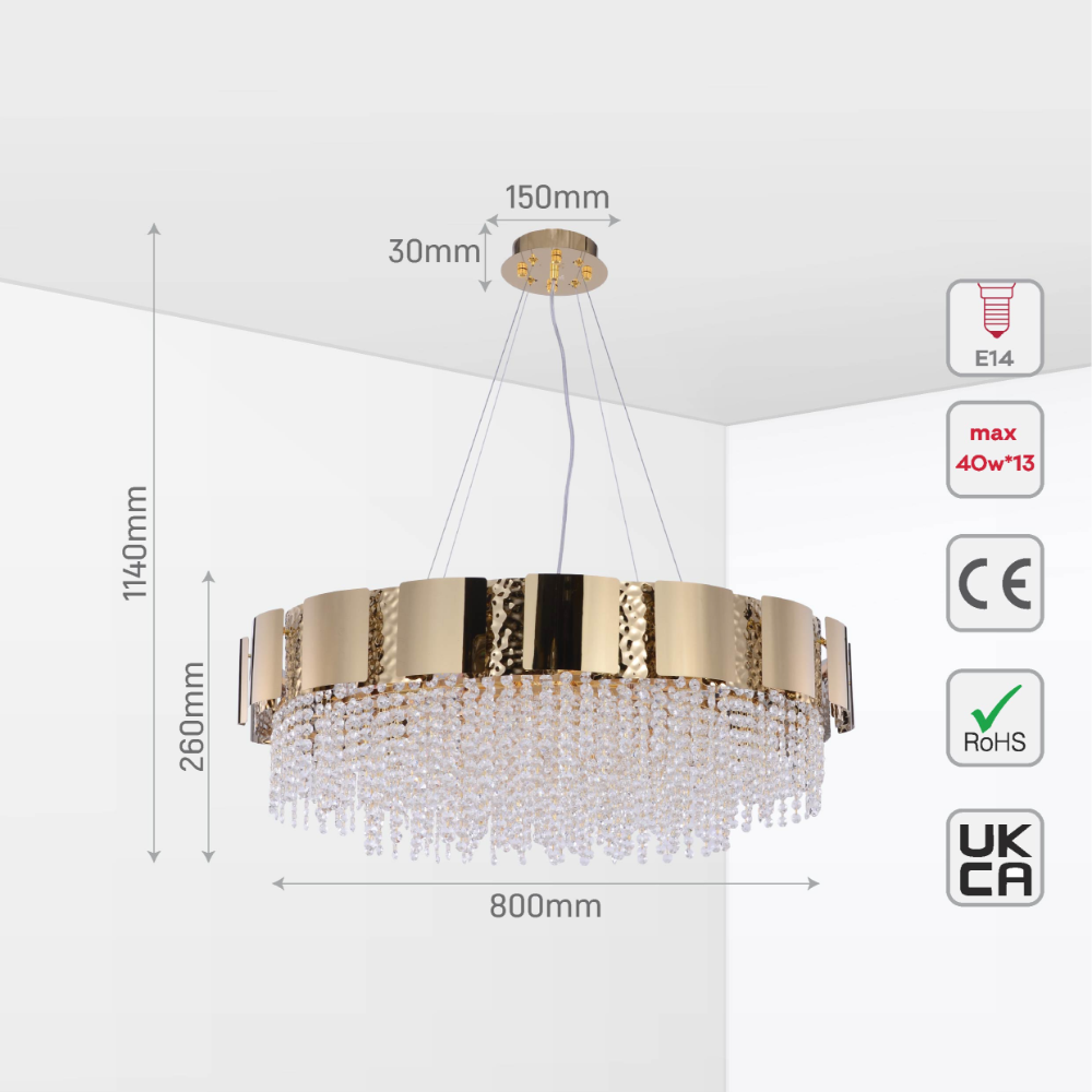 Size and tech specs of Dimpled Octagonal Crystal Beads Waterfall Chandelier Ceiling Light Gold | TEKLED 159-17908