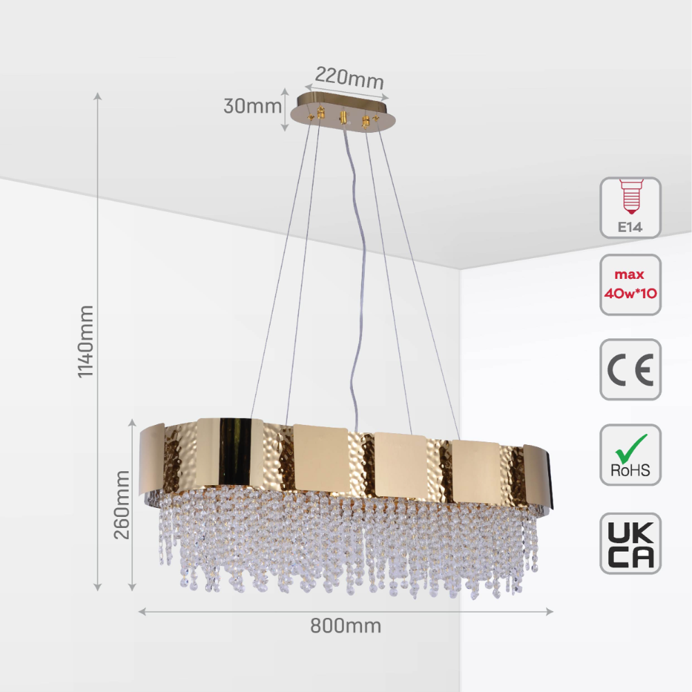 Size and tech specs of Dimpled Octagonal Crystal Beads Waterfall Chandelier Ceiling Light Gold | TEKLED 159-17910