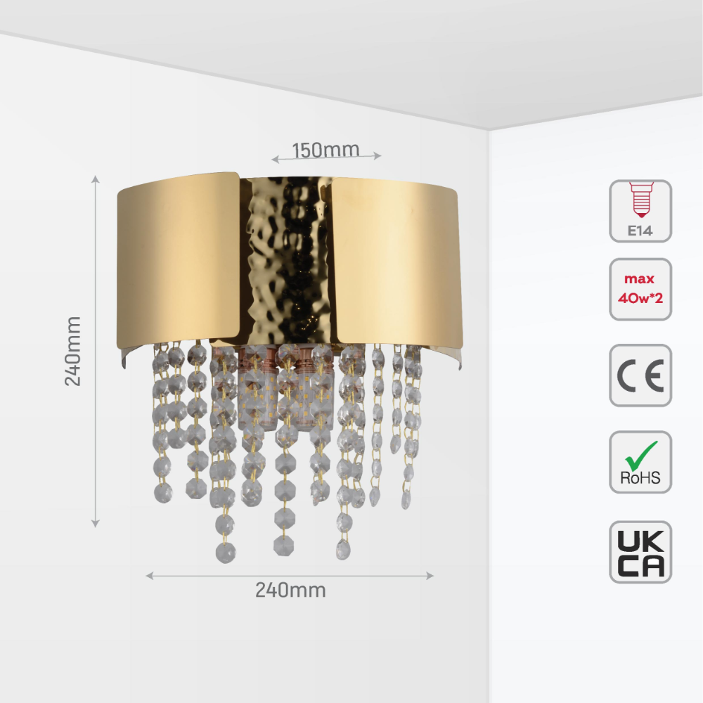 Size and tech specs of Dimpled Octagonal Crystal Beads Waterfall Wall Sconce Light Old Gold | TEKLED 151-19918