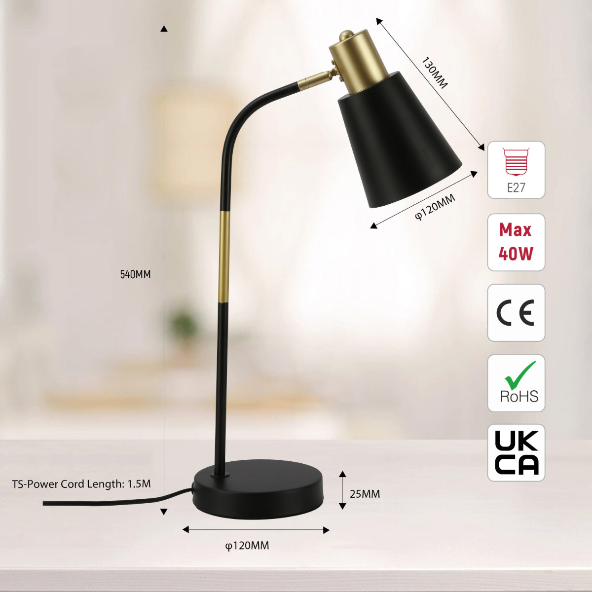 Size and certifications of Elegance Curve E27 Desk Lamp 130-03710