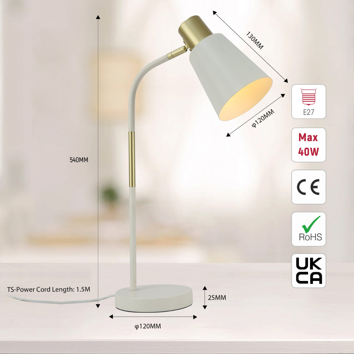 Size and certifications of Elegance Curve E27 Desk Lamp 130-03712
